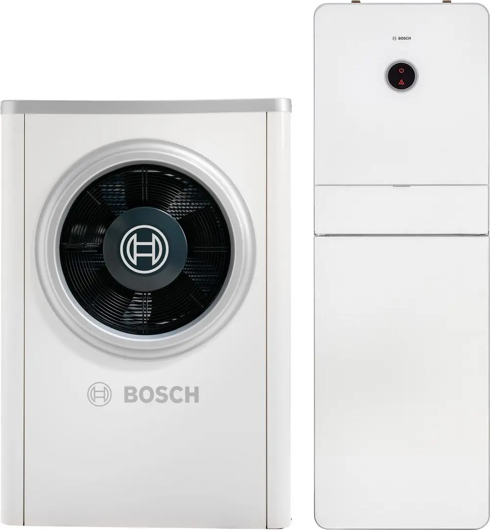 Wärmepumpe von Bosch mit rundem Lüftergitter und ein kompaktes Puffermodul in weißem Design, platziert nebeneinander.